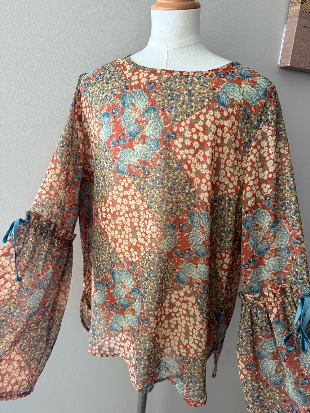 Pink Owl Boho Patchwork Floral Semi-Sheer Blouse - Size S